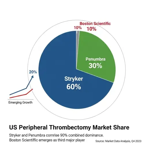 Market share visualization showing Stryker and Penumbra's 90% combined dominance of US peripheral thrombectomy market, with Boston Scientific entering as third major player