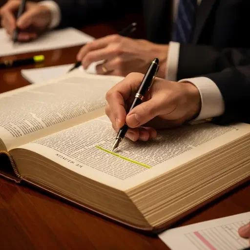 Close-up of legislative hands marking text on statutes with a pen