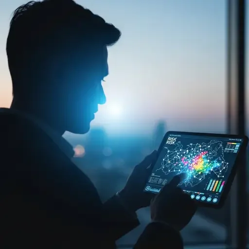 Silhouetted investor reviewing regulatory risk maps on a tablet