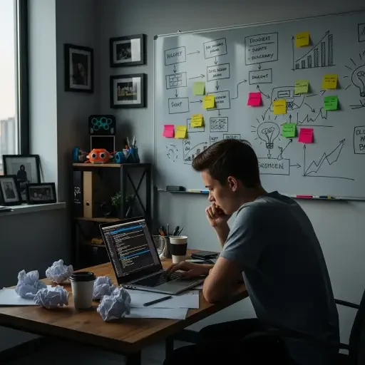 Founder in a small office, laptop open, whiteboard sketches visible