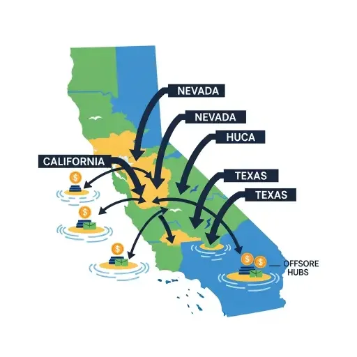 Illustration: California map with arrows pointing to Nevada, Texas, and offshore hubs