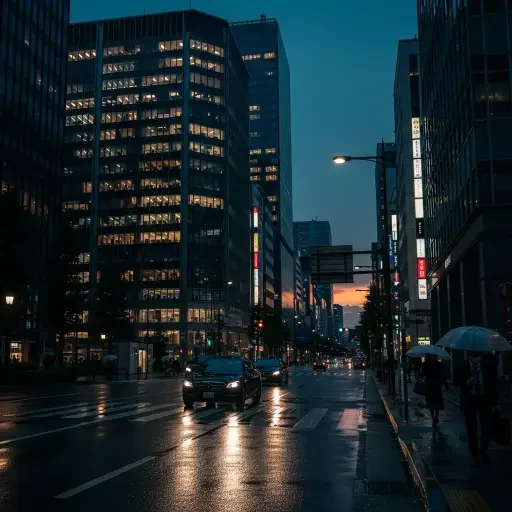 A city street in Tokyo at dusk, reflecting a quiet, corporate cadence