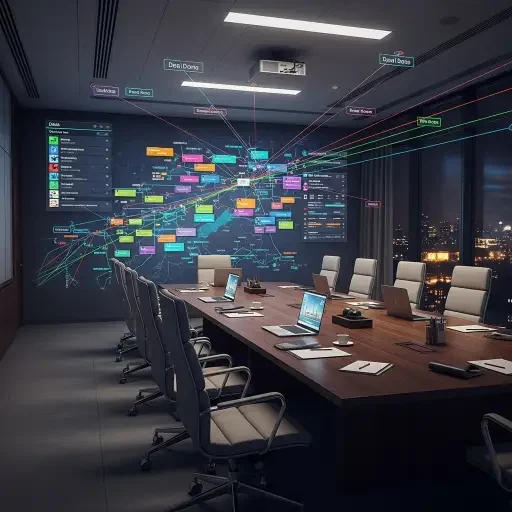 A conference room, night-time, with a map of deal timelines projected on the wall