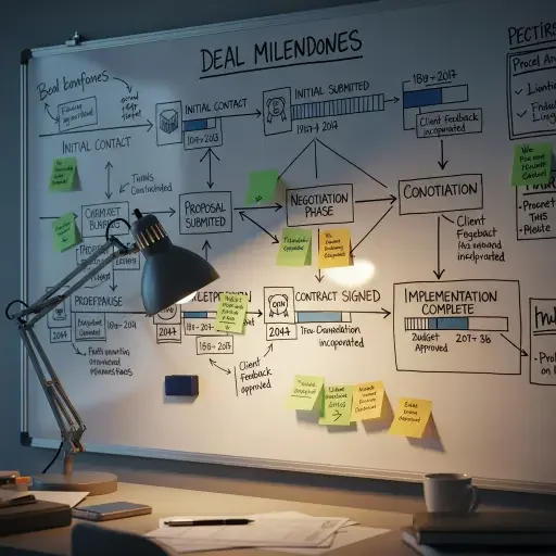 A whiteboard with timelines and annotations for deal milestones, lit by a soft desk lamp