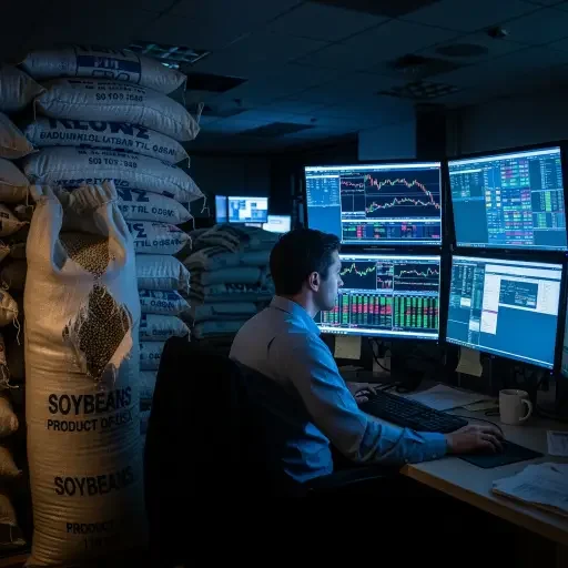 Stacks of soybean bags and a trader monitoring futures screens in a dim office