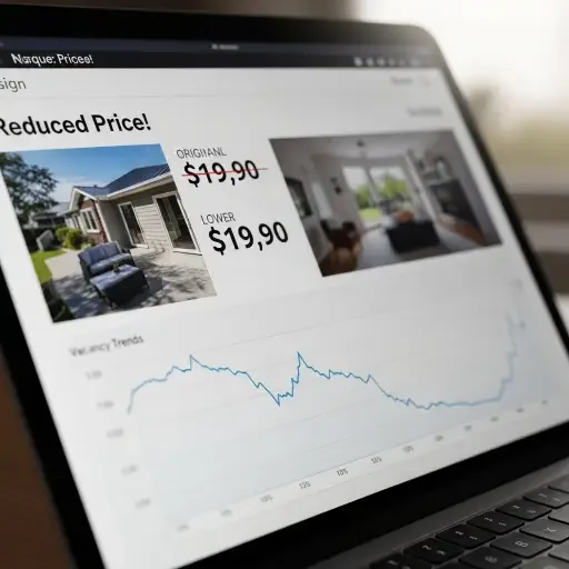 A close-up of a real estate listing showing price reductions, overlaid with a shallow chart of vacancy trends