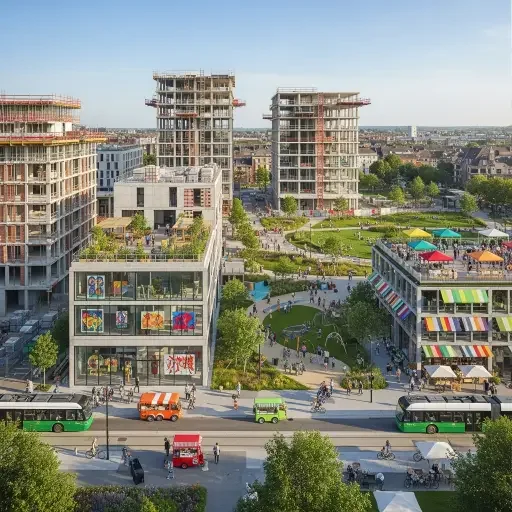 An urban renewal project with partially completed buildings, surrounded by green parks and active street life—illustrating potential re-use scenarios