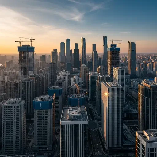 Construction cranes stand silent over a sea of nearly identical towers, some with wrap-around scaffolding, others with glass façades catching the late afternoon light