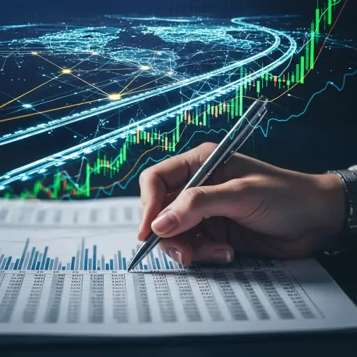 An investor’s hand holding a pen over a report, with a backdrop of a glowing rail map and stock charts