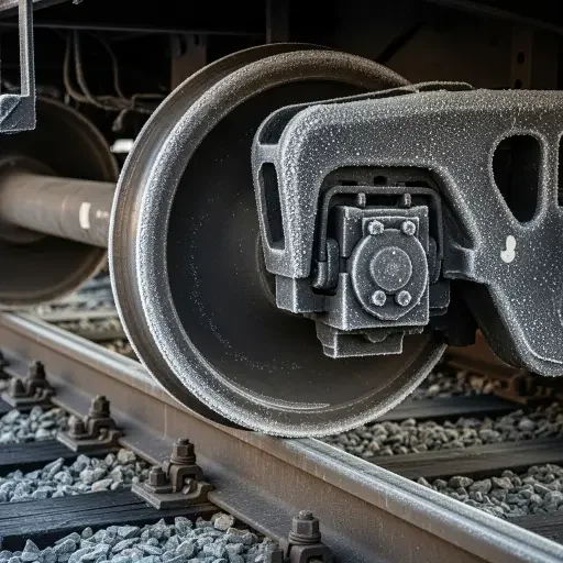 Close-up of a railcar wheelset and track, with a subtle sheen of frost suggesting a winter operating environment