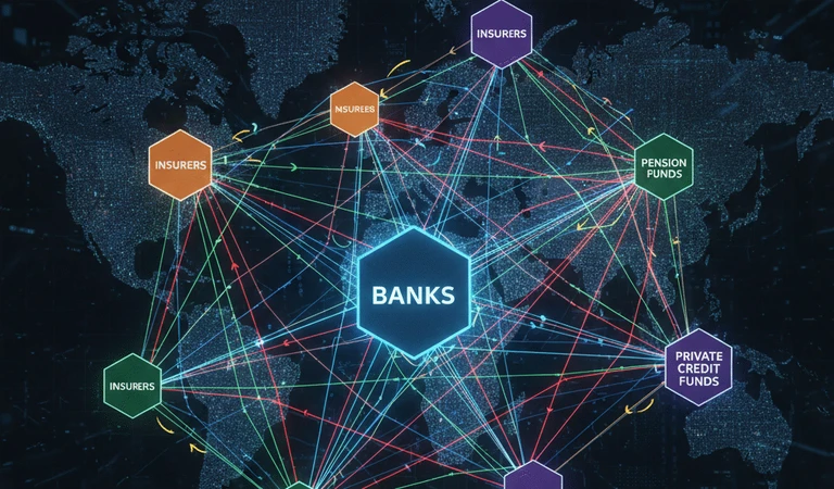 Interconnected network diagram showing complex financial relationships between banks, insurers, pension funds, and private credit funds, illustrating systemic contagion pathways