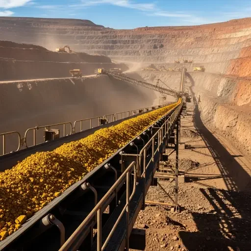 A conveyor belt carrying ore at an open-pit copper mine under a clear sky