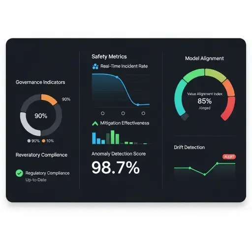 A minimalist dashboard showing safety metrics, model alignment scores, and governance indicators.