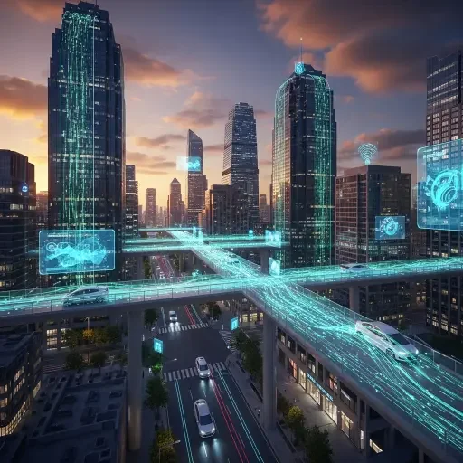 A near-future cityscape powered by AI infrastructure, with luminous data streams and safe-guard rails highlighted.