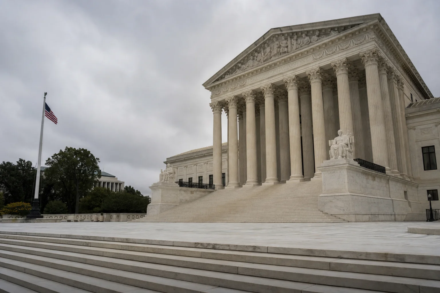 Supreme Court building facade in Washington on an overcast morning