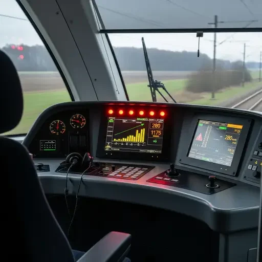 Empty conductor's cabin of a speeding train, control panel showing red warning lights and ever-increasing speed metrics