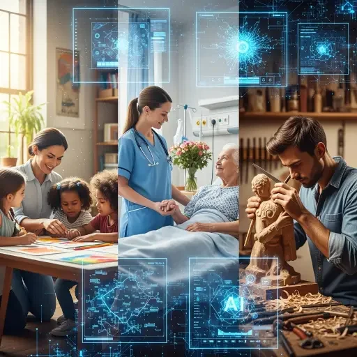 Montage of human workers in caring professions—teacher with students, nurse with elderly patient, craftsperson at work—juxtaposed with sterile AI interface screens
