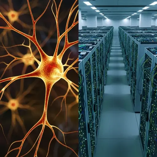Split image showing a human neuron's elegant branching structure on the left, and a sprawling data center's crude geometry on the right