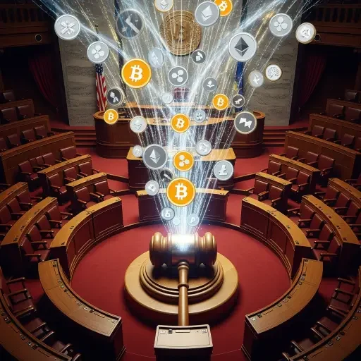 Senate chamber with a stylized overlay of cryptocurrency icons converging toward a legislative gavel; suitable for hero image, glossy, premium, just beautiful and perfect