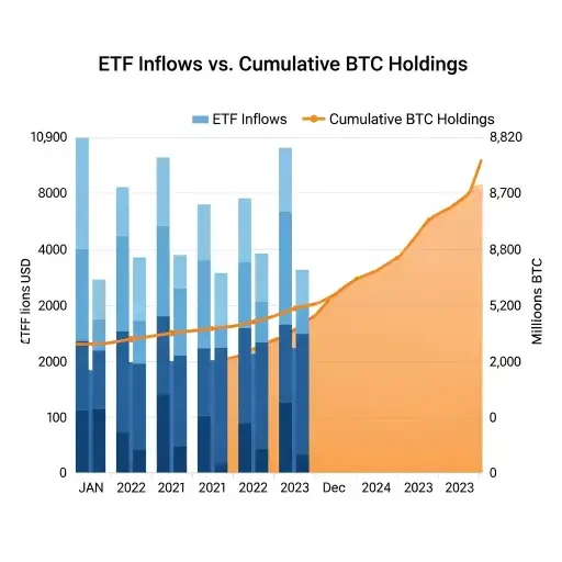 chart comparing ETF inflows (bars) with cumulative BTC holdings