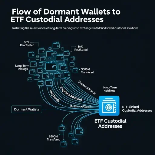 infographic showing dormant wallets flowing into ETF-linked custodial addresses