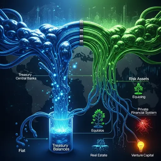 Liquidity is the bloodstream of both fiat and crypto economies. During the shutdown, Treasury balances ballooned while spending collapsed. Cash left the private system; risk assets starved.