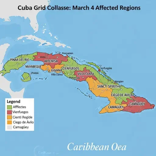 Map of Cuba showing affected regions during the March 4 grid collapse stretching from Pinar del Río to Camagüey