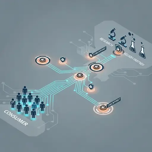 A stylized map showing pathways of data flow from consumer to research partner, punctuated by security checkpoints.