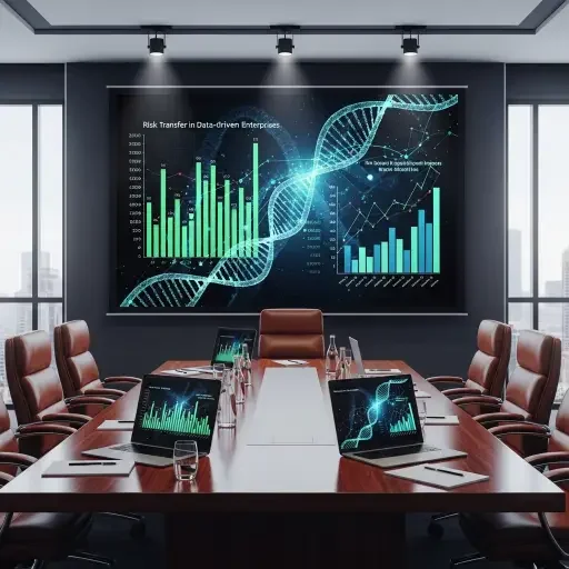 Investor briefing room with graphs and a genome overlay—illustrating risk transfer in data-driven enterprises.