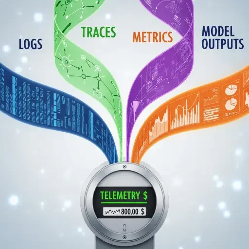 Conceptual illustration of logs, traces, metrics, and model outputs funneling into a single billing meter labeled "Telemetry $"
