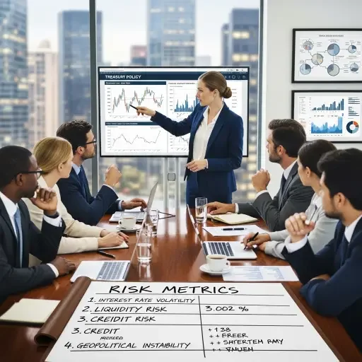 A boardroom discussion with executives debating treasury policy, charts in the background, a notepad full of risk metrics