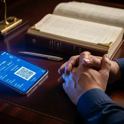 A close-up of hands clasped over a treasurer’s desk, a ledger, and a digital wallet interface glowing softly in blue