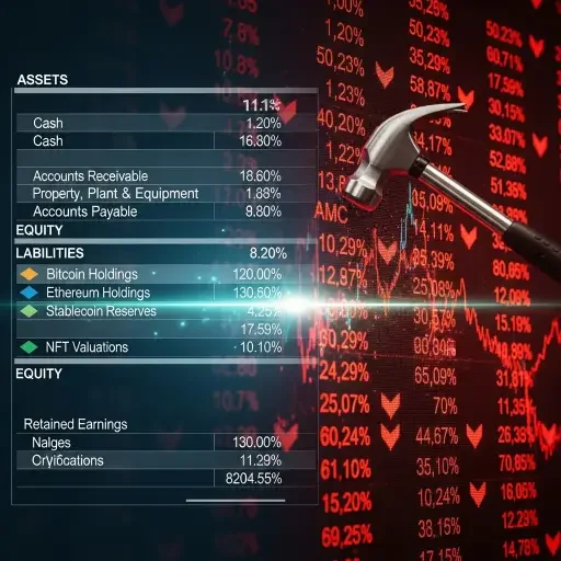A corporate balance sheet overlay with crypto line items, juxtaposed with a hammering stock ticker