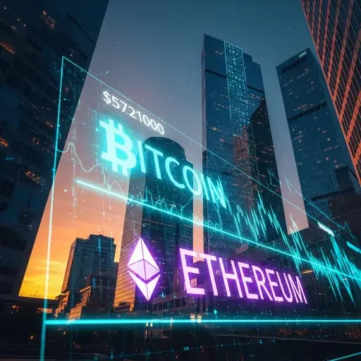 A stylized ticker tape of Bitcoin and Ethereum overlaid on a corporate skyline at dusk, signaling an economy in flux