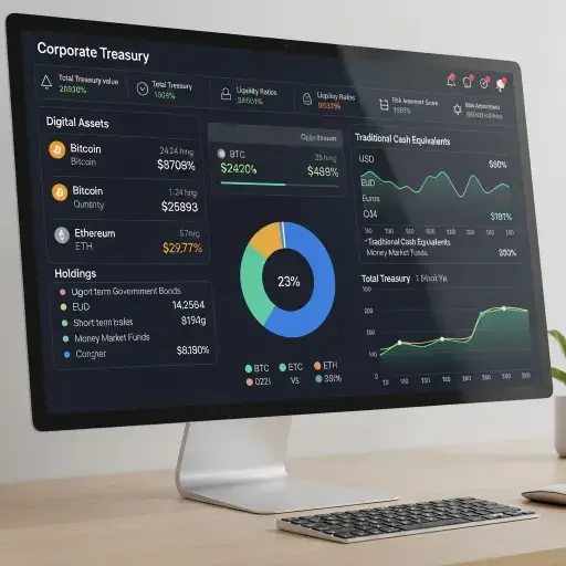 The corporate treasury dashboard showing Bitcoin and ETH ownership across several line items, alongside traditional cash equivalents