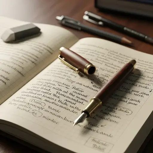 A close-up of a notebook with margins annotated, a pen resting like a compass