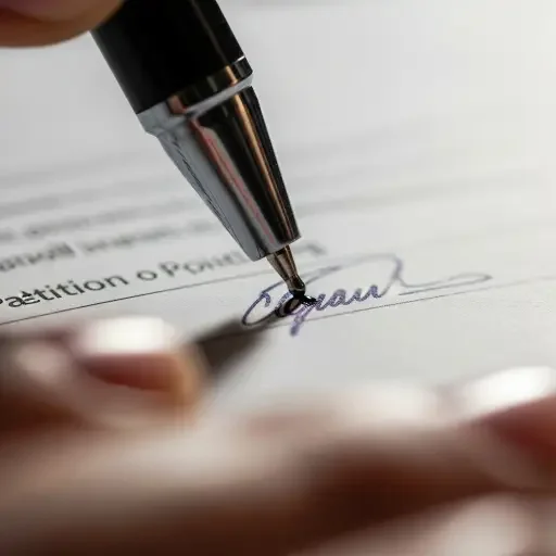 A close-up of a pen signing a public petition, the ink glinting with quiet resolve