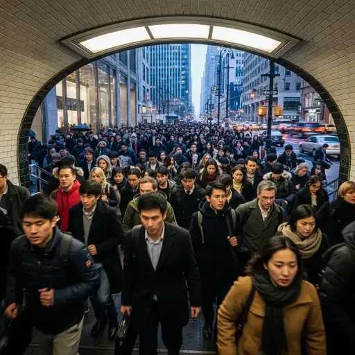 A crowded subway exit, the stream of faces moving in a choreography of hurry and doubt