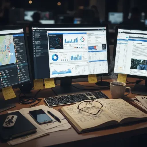 A newsroom desk with multiple screens showing dashboards, a cup of coffee steaming, a ledger of public-interest data