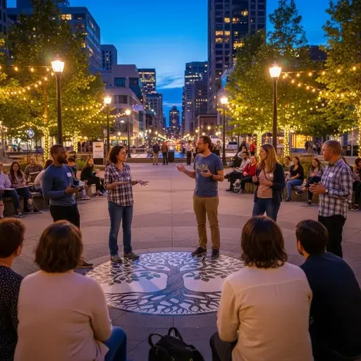 An urban plaza at twilight, citizens exchanging ideas under string lights, a visible sense of shared purpose