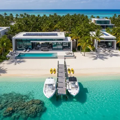 Aerial perspective of private Bahamian island showing modern glass-and-concrete villa on white sand beach, two identical speedboats moored at a private dock, paddleboard and kayaks arranged symmetrically on shore, turquoise gradient waters revealing coral reefs below, second smaller guest cottage visible through palm grove, solar panels integrated into roof design