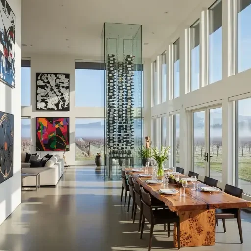 Napa Valley estate interior showing open-concept living space with twenty-foot ceilings, floor-to-ceiling windows overlooking winter vineyards with morning mist, a glass-walled wine cellar as architectural centerpiece, contemporary art on white walls, long dining table made from single piece of burled wood set for intimate dinner, low winter sun casting geometric shadows across polished concrete floor