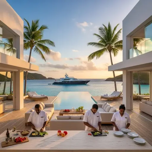Sunset view of St Barts villa with white geometric architecture, infinity pool extending toward turquoise Caribbean waters, teak deck furniture with cream cushions, a private yacht anchored in the bay below, staff in white linen preparing dinner on an outdoor stone kitchen, palm trees framing the scene in golden-hour light