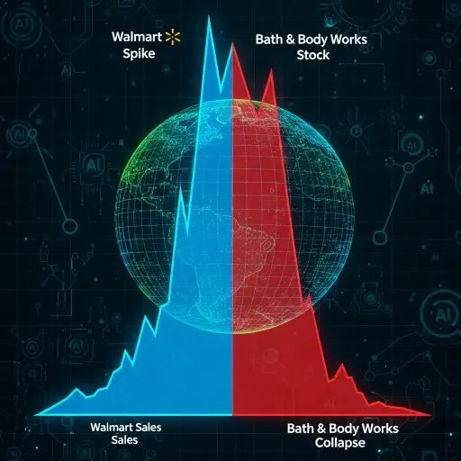 A split-screen graph with a Walmart spike on one side and a Bath & Body Works collapse on the other, overlaid with faint AI glyphs and a globe