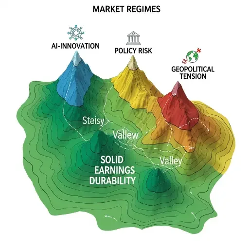 A topographic map of market regimes, with peaks labeled AI-innovation, policy risk, and geopolitical tension, and valleys representing solid earnings durability