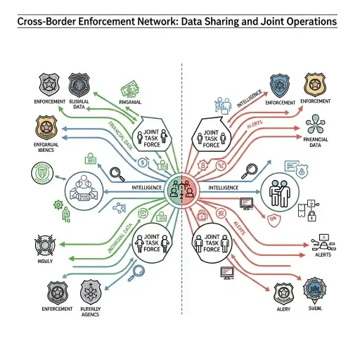 policy diagram with cross-border lanes and enforcement agencies, alt-text: Cross-border enforcement network showing data-sharing lanes and joint task force nodes