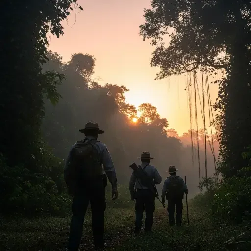 staged photo of a ranger patrol at dawn, alt-text: A forest dawn patrol with silhouettes of rangers and dense jungle behind them