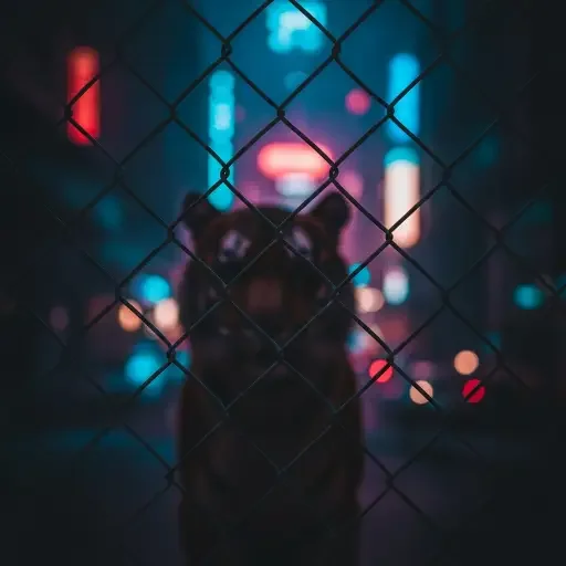 tiger-crime-silhouette, alt-text: A blurred silhouette of a tiger behind fencing, neon lights of a city in the distance