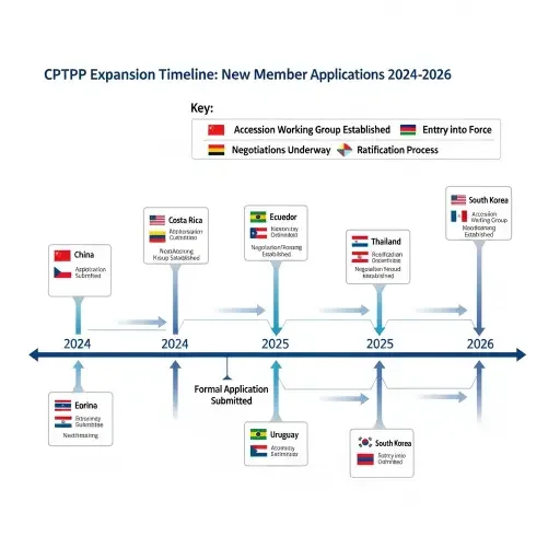 Diagram of CPTPP expansion timeline showing new member applications from 2024-2026