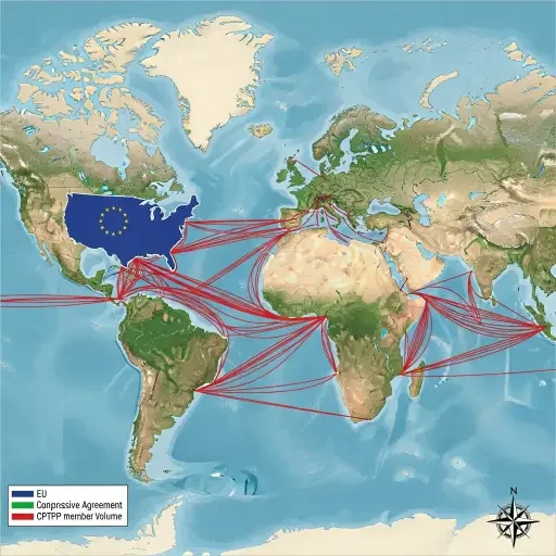 World map showing trade routes connecting EU and CPTPP member nations, with the United States conspicuously outside the network